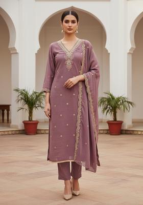 Lavender Embroidery Silk Kurta Set