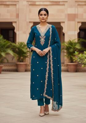 Blue Embroidery Silk Kurta Set