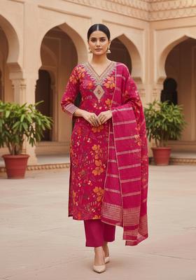Pink Embroidery Chanderi Kurta Set