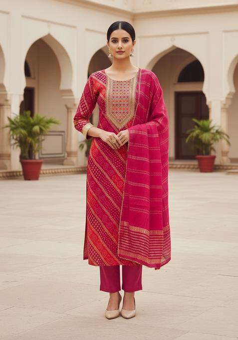 Red Embroidery Chanderi Kurta Set