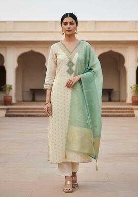 Sea Green Embroidery Silk Kurta Set