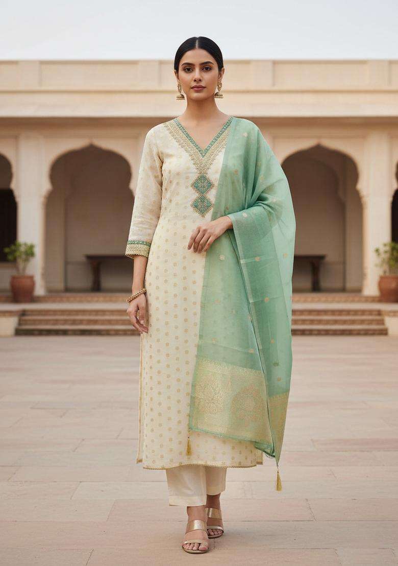 Sea Green Embroidery Silk Kurta Set - Indya