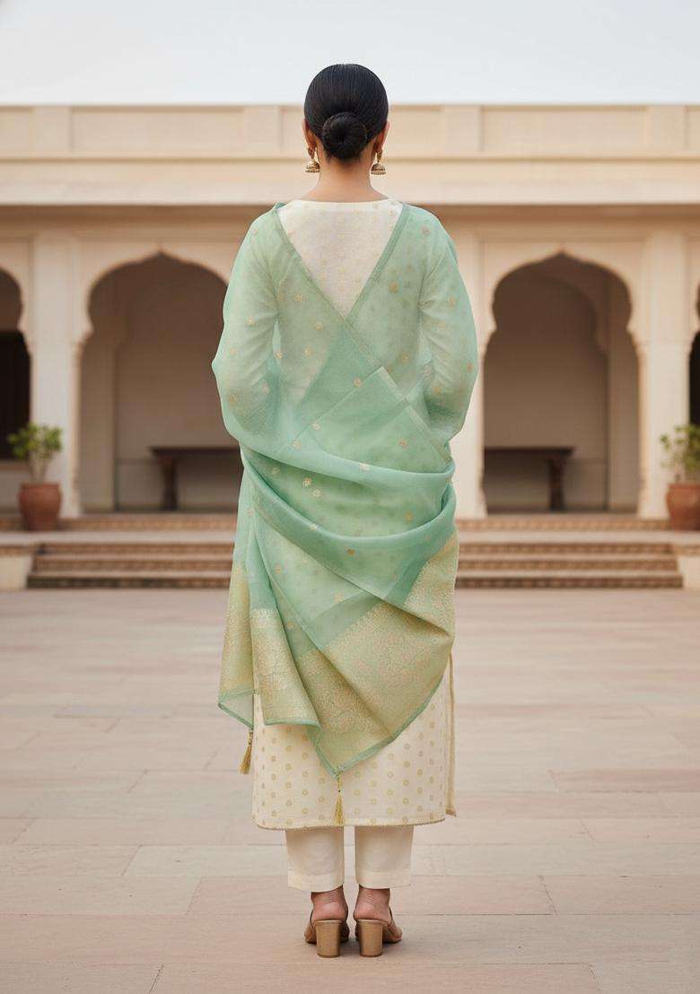 Sea Green Embroidery Silk Kurta Set - Indya