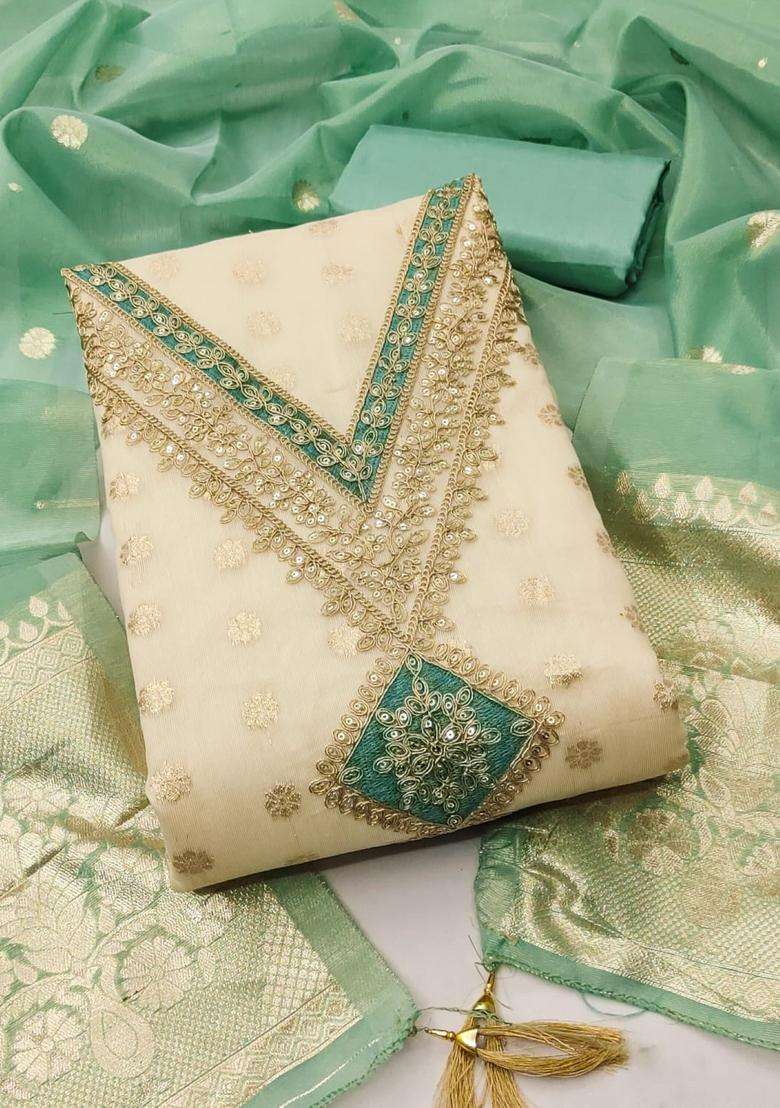 Sea Green Embroidery Silk Kurta Set - Indya