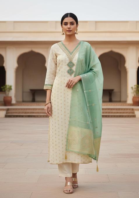 Sea Green Embroidery Silk Kurta Set
