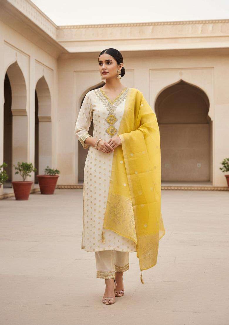 Yellow Embroidery Silk Kurta Set - Indya