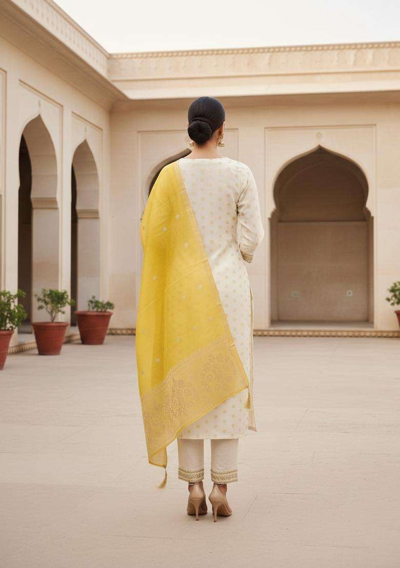 Yellow Embroidery Silk Kurta Set - Indya