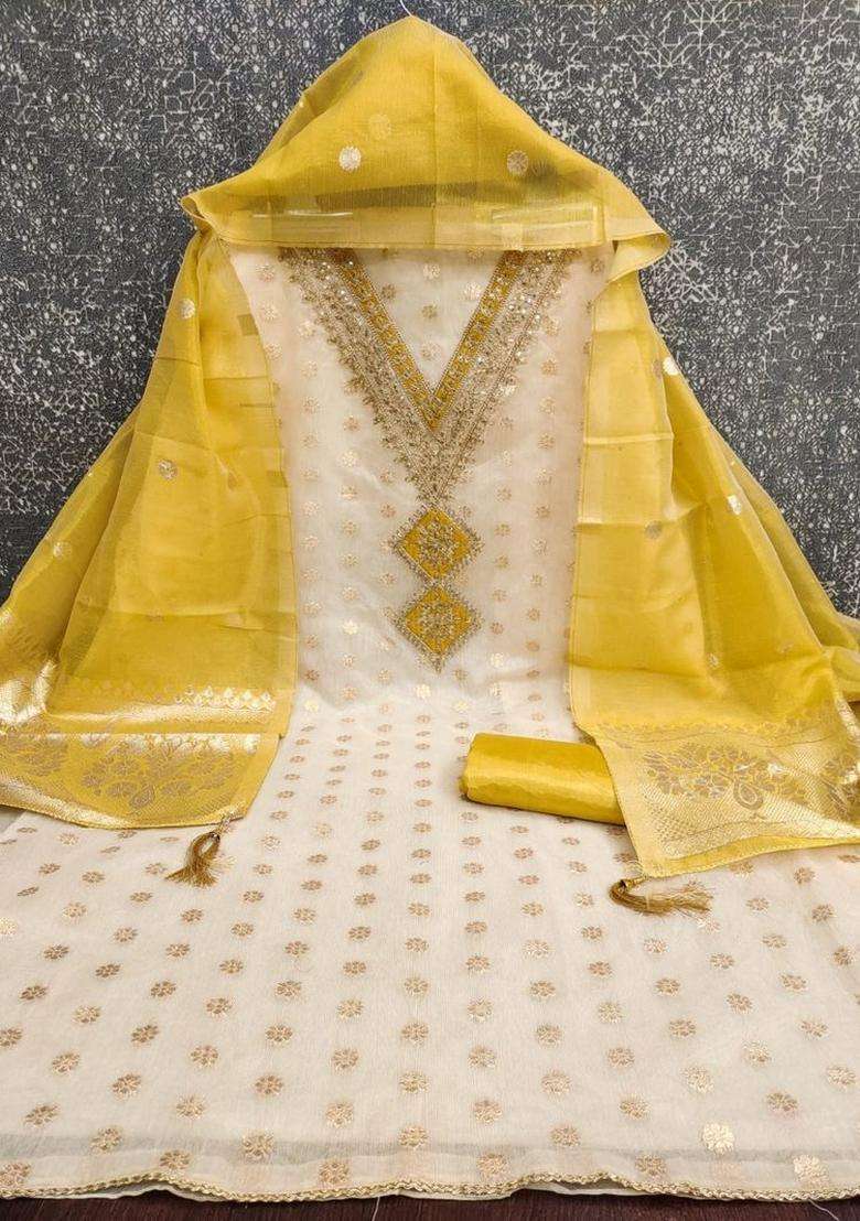 Yellow Embroidery Silk Kurta Set - Indya