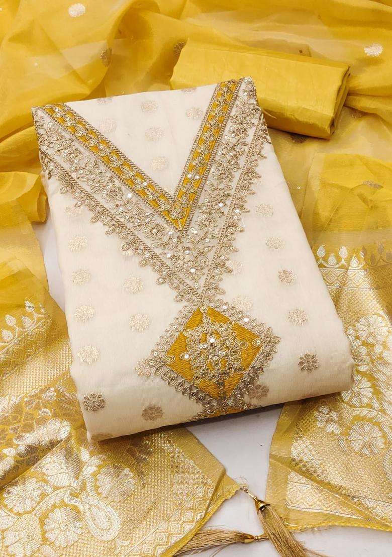 Yellow Embroidery Silk Kurta Set - Indya