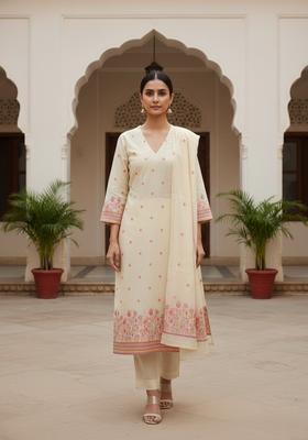 Peach Embroidery Chanderi Kurta Set