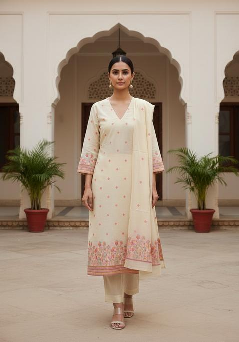 Peach Embroidery Chanderi Kurta Set