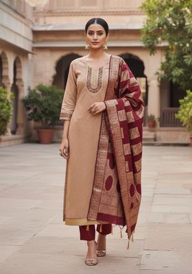 Peach Embroidery Chanderi Kurta Set