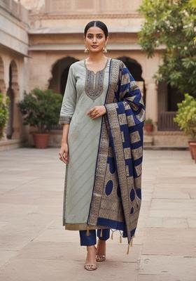 Grey Embroidery Chanderi Kurta Set