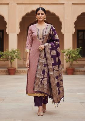 Pink Embroidery Chanderi Kurta Set