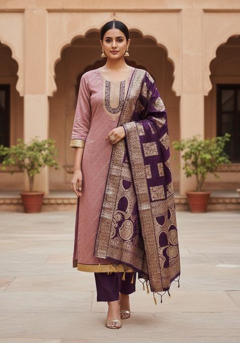 Pink Embroidery Chanderi Kurta Set