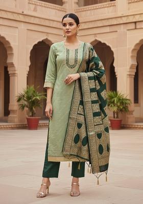 Green Embroidery Chanderi Kurta Set
