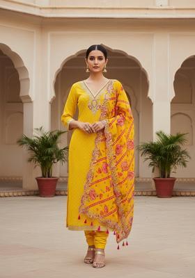 Yellow Embroidery Chanderi Kurta Set