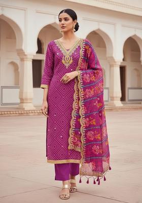 Purple Embroidery Chanderi Kurta Set