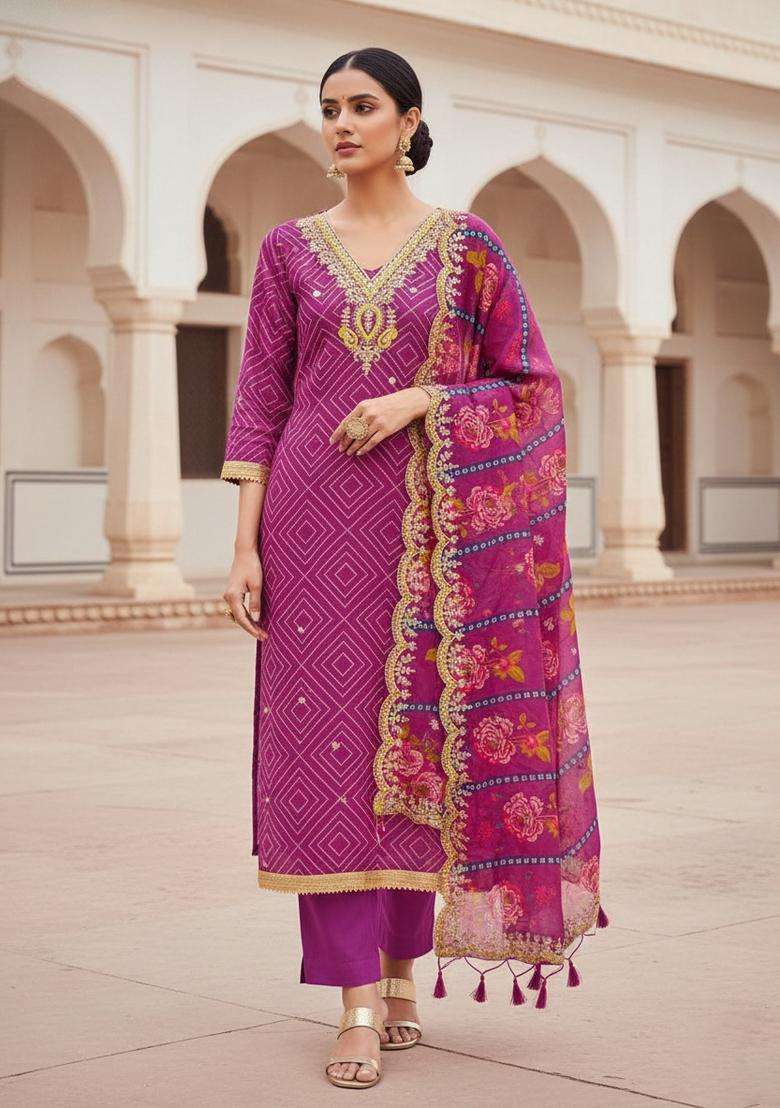 Purple Embroidery Chanderi Kurta Set - Indya
