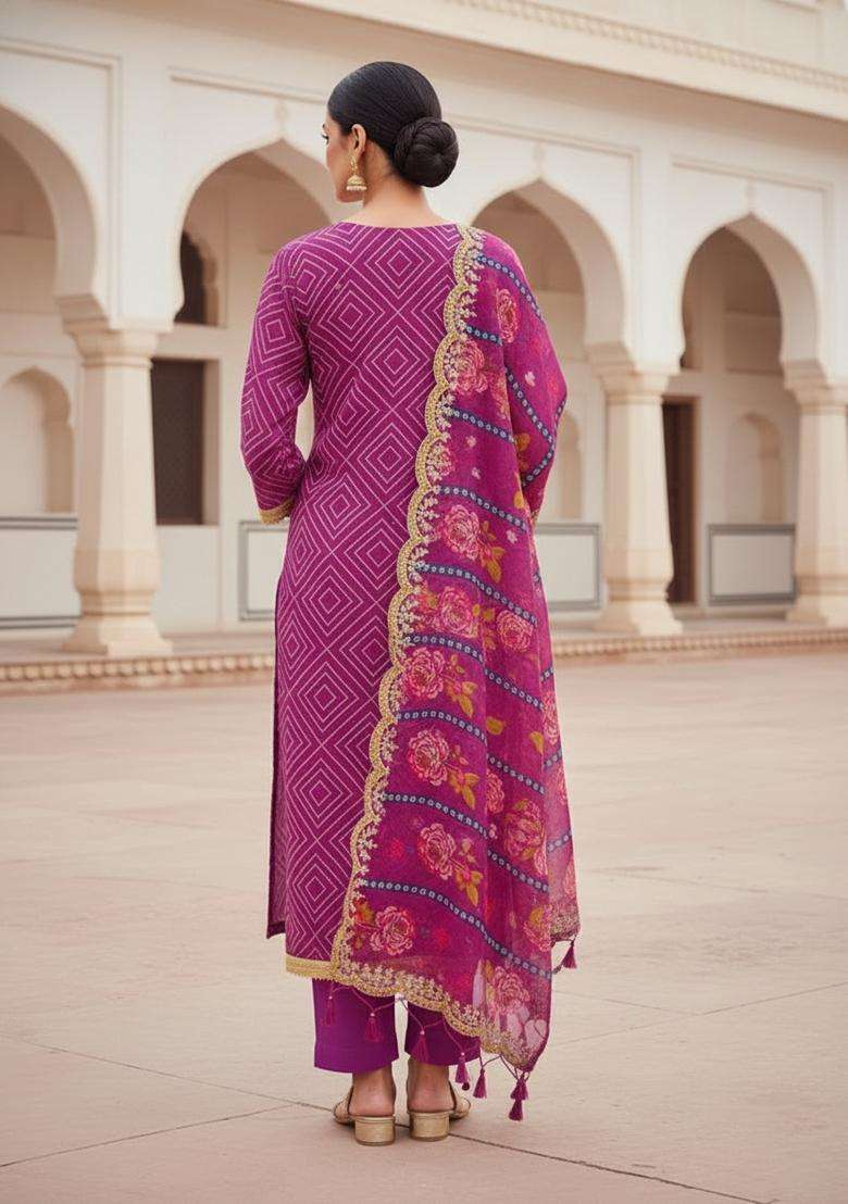 Purple Embroidery Chanderi Kurta Set - Indya