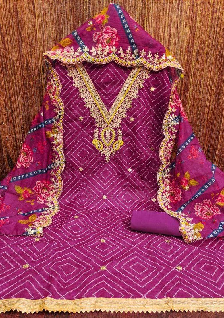 Purple Embroidery Chanderi Kurta Set - Indya