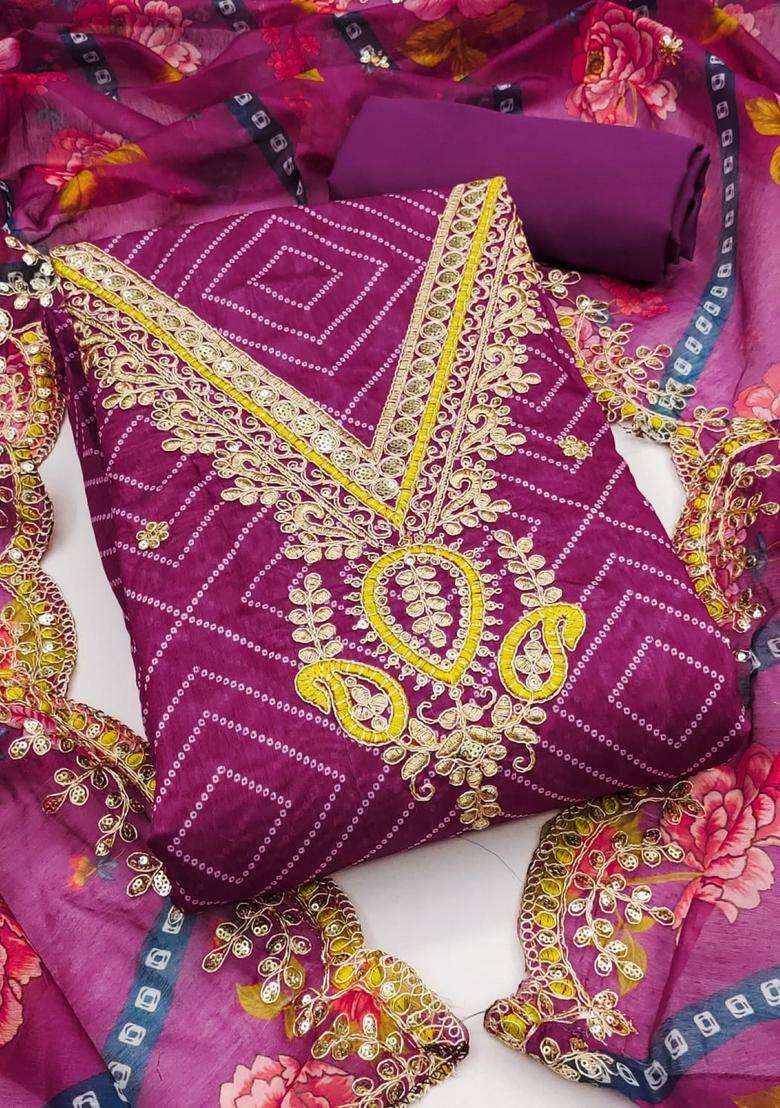 Purple Embroidery Chanderi Kurta Set - Indya