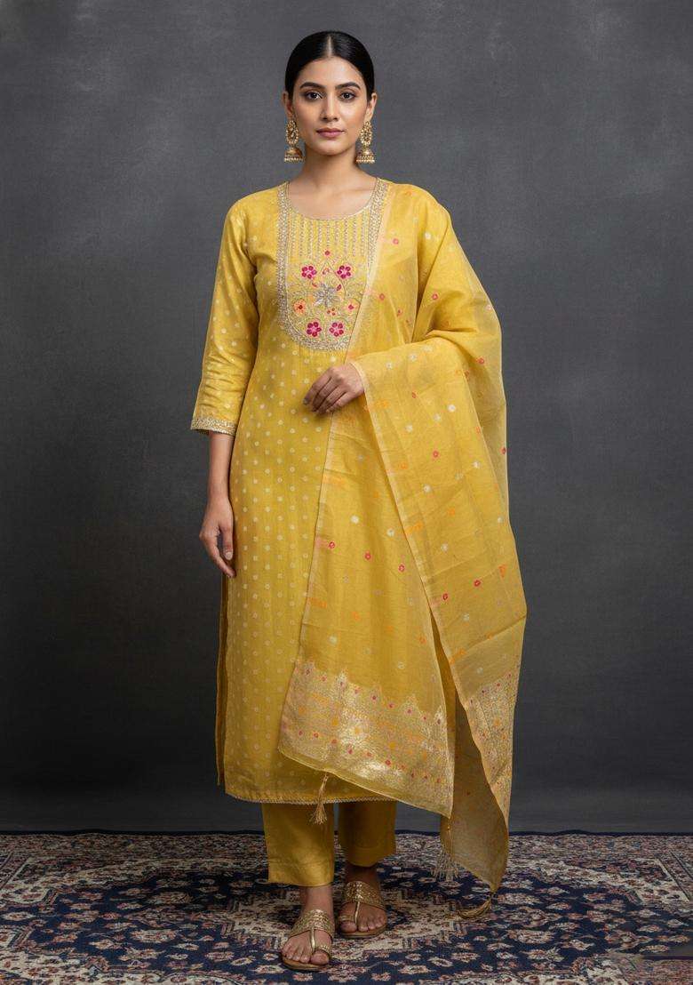Yellow Embroidery Silk Kurta Set - Indya