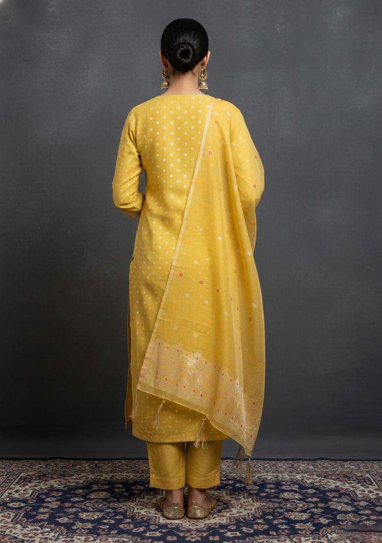 Yellow Embroidery Silk Kurta Set - Indya