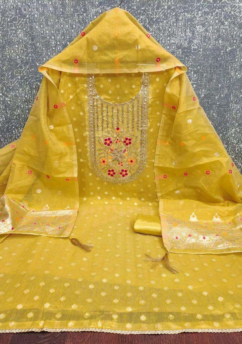 Yellow Embroidery Silk Kurta Set - Indya