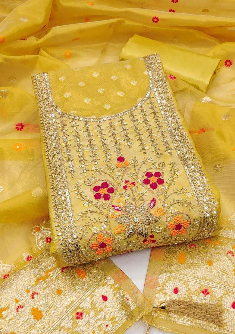 Yellow Embroidery Silk Kurta Set - Indya