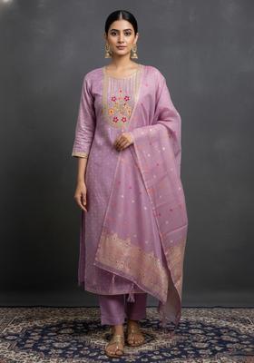 Lavender Embroidery Silk Kurta Set
