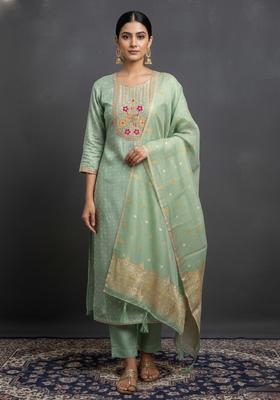 Teal Embroidery Silk Kurta Set