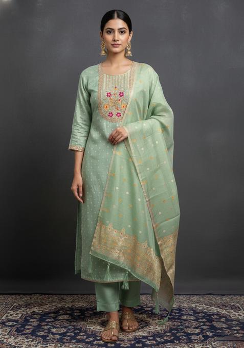 Teal Embroidery Silk Kurta Set