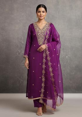 Purple Embroidery Silk Kurta Set
