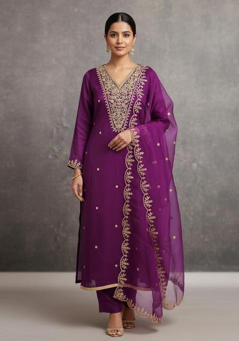 Purple Embroidery Silk Kurta Set