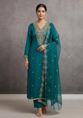 Blue Embroidery Silk Kurta Set
