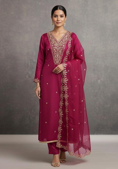 Pink Embroidery Silk Kurta Set