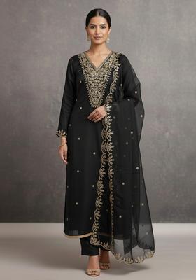 Black Embroidery Silk Kurta Set
