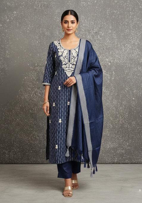 Blue Embroidery Silk Kurta Set