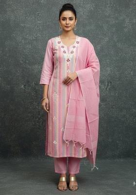 Pink Embroidery Silk Kurta Set