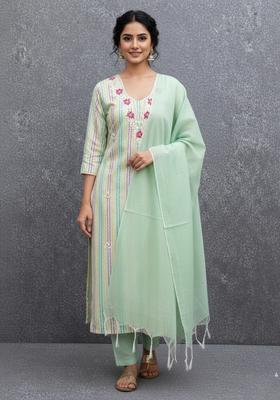 Sea Green Embroidery Silk Kurta Set