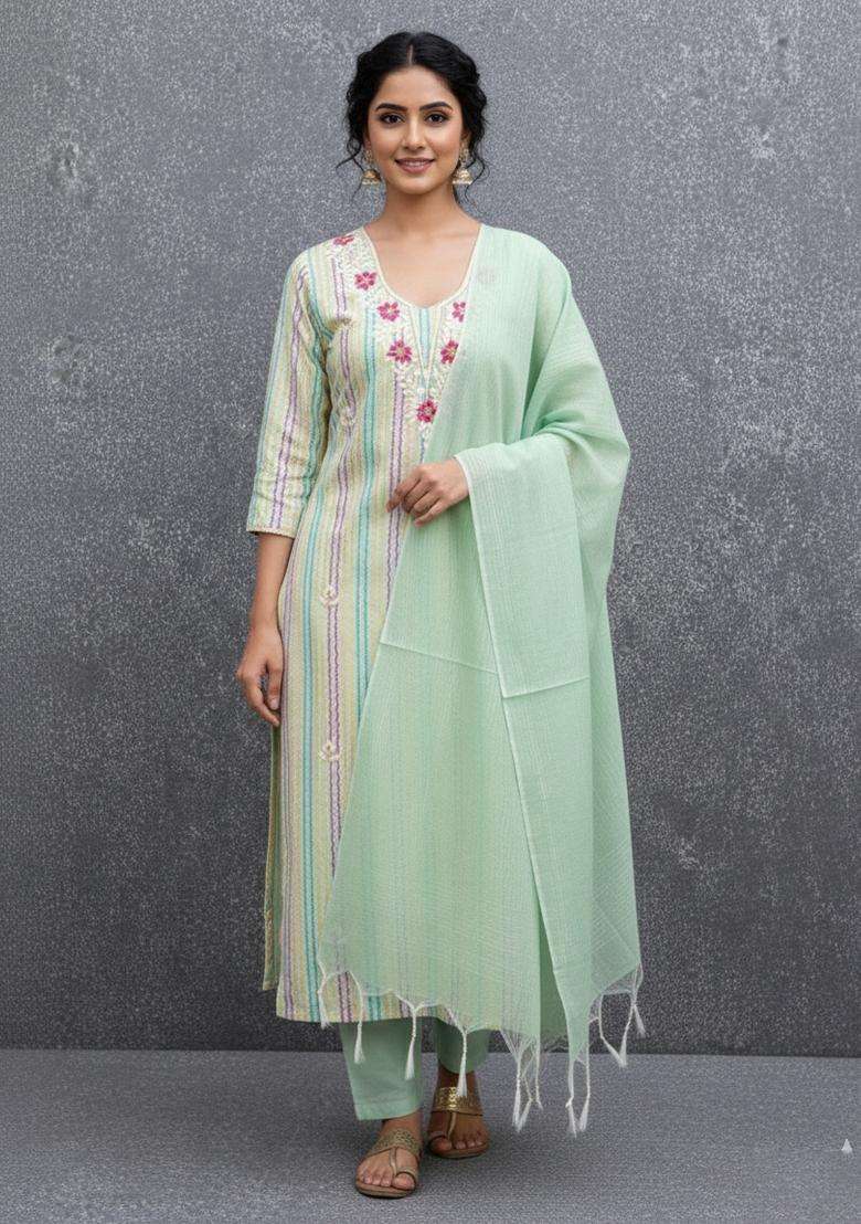 Sea Green Embroidery Silk Kurta Set - Indya