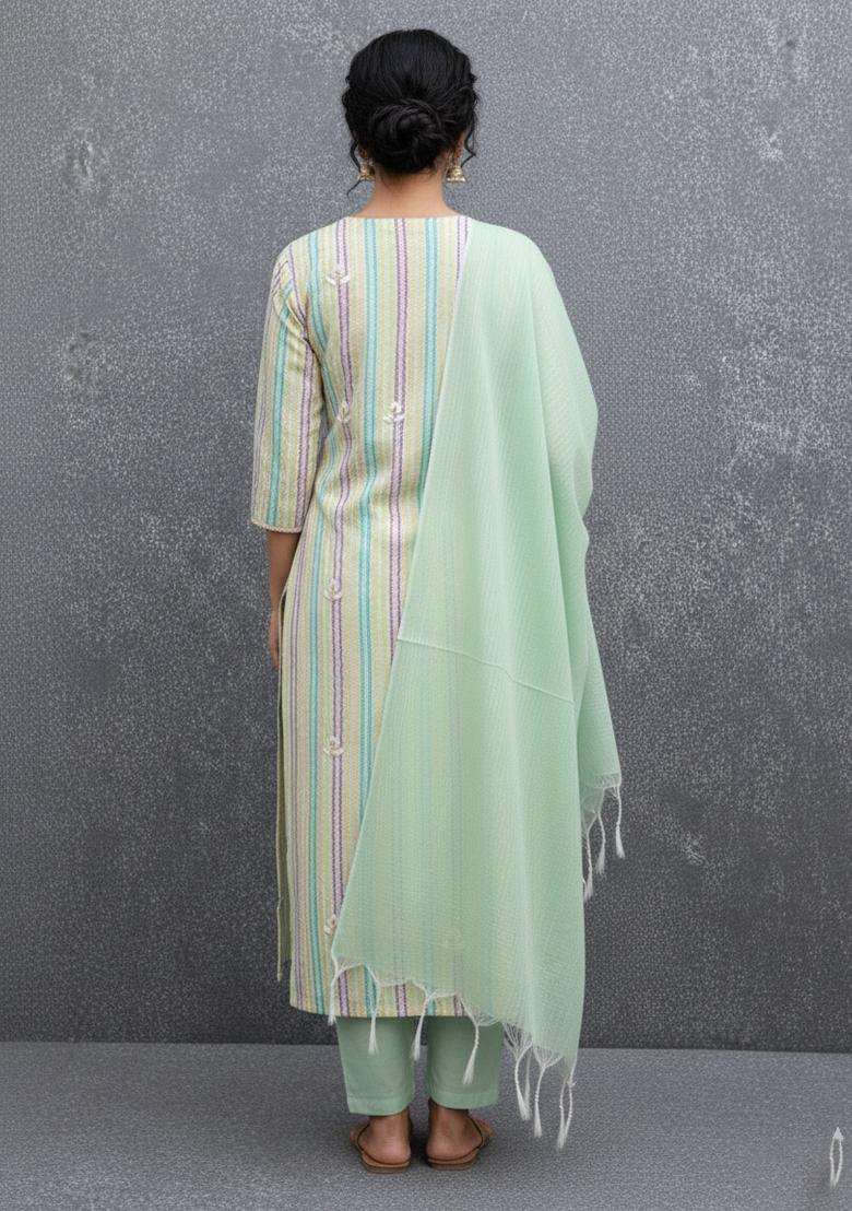 Sea Green Embroidery Silk Kurta Set - Indya