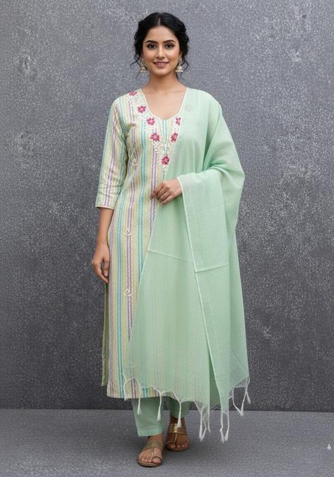 Sea Green Embroidery Silk Kurta Set