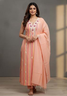 Peach Embroidery Silk Kurta Set