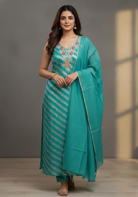 Blue Embroidery Silk Kurta Set