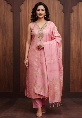 Pink Embroidery Silk Kurta Set