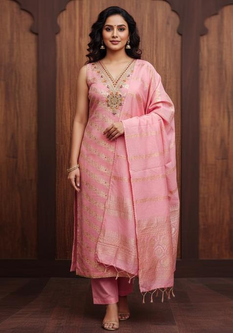 Pink Embroidery Silk Kurta Set