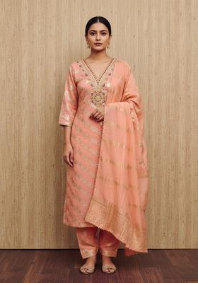 Peach Embroidery Silk Kurta Set