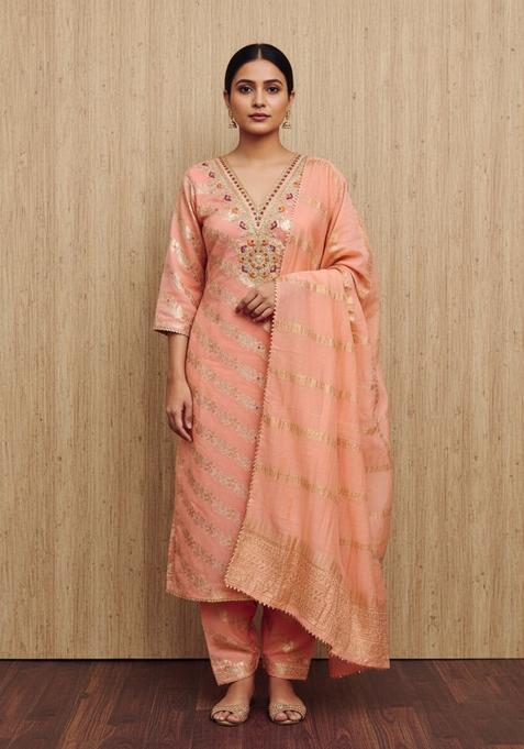Peach Embroidery Silk Kurta Set